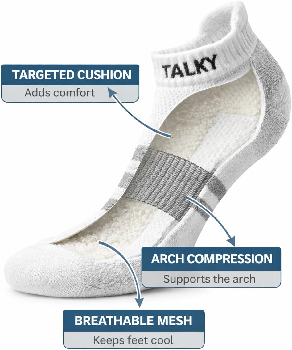 Talky Heel Tab Ankle Socks for Men and Women, Low Cut Cushioned Athletic Socks with Arch Support, Breathable Cotton, 6 Pairs