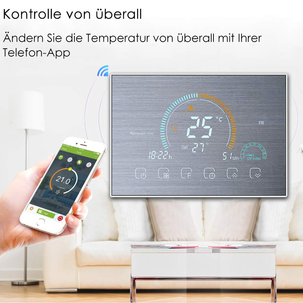 WiFi Smart Thermostat Alexa Google Home-Digital Raumheizung Thermostat Controller Drahtlos, Programmierbarer Temperaturregler, Wetter, UV-Index, Luftfeuchtigkeit Hisplay, 16A
