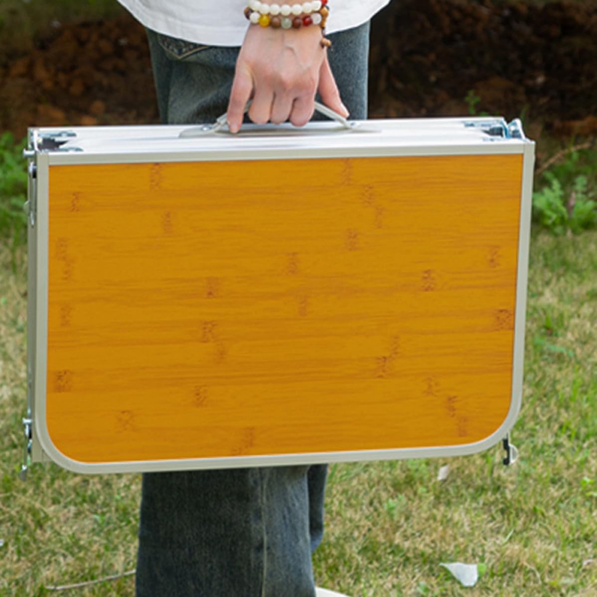 Lurrose Tavolo da Campeggio Tavolino Portatile Versatile in Alluminio e Bambù Pieghevole Leggero e Facile da Trasportare, per Pesca e Attività All'aperto per Picnic