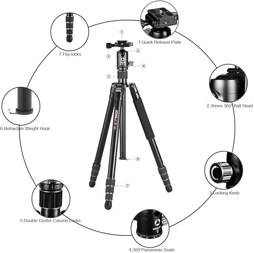 Miniatura 6 de Trípode ligero de aluminio de 64 pulgadas trípode DSLR plegable para viajes con cabezal de bola de 360 grados placa de liberación rápida carga útil