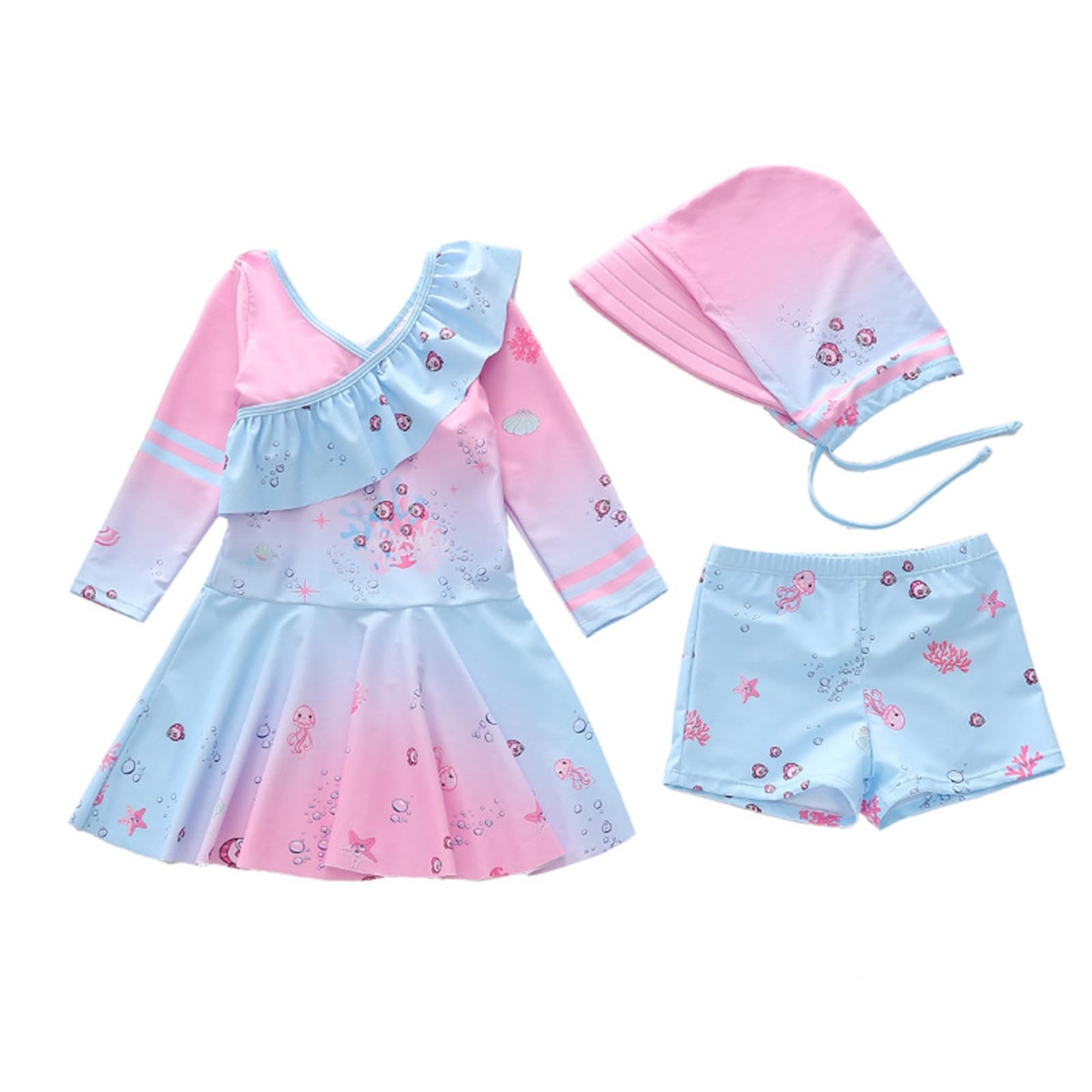 Traje de baño de verano para niños y niñas, de dos piezas, con falda y gorro de baño a juego, bonito tankini con volantes para niños mayores, adolescentes y jóvenes