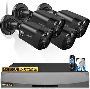 防犯カメラセット 4個 黒 防犯カメラセット 4台カメラ 屋外 IP66防水 監視カメラ 遠隔監視