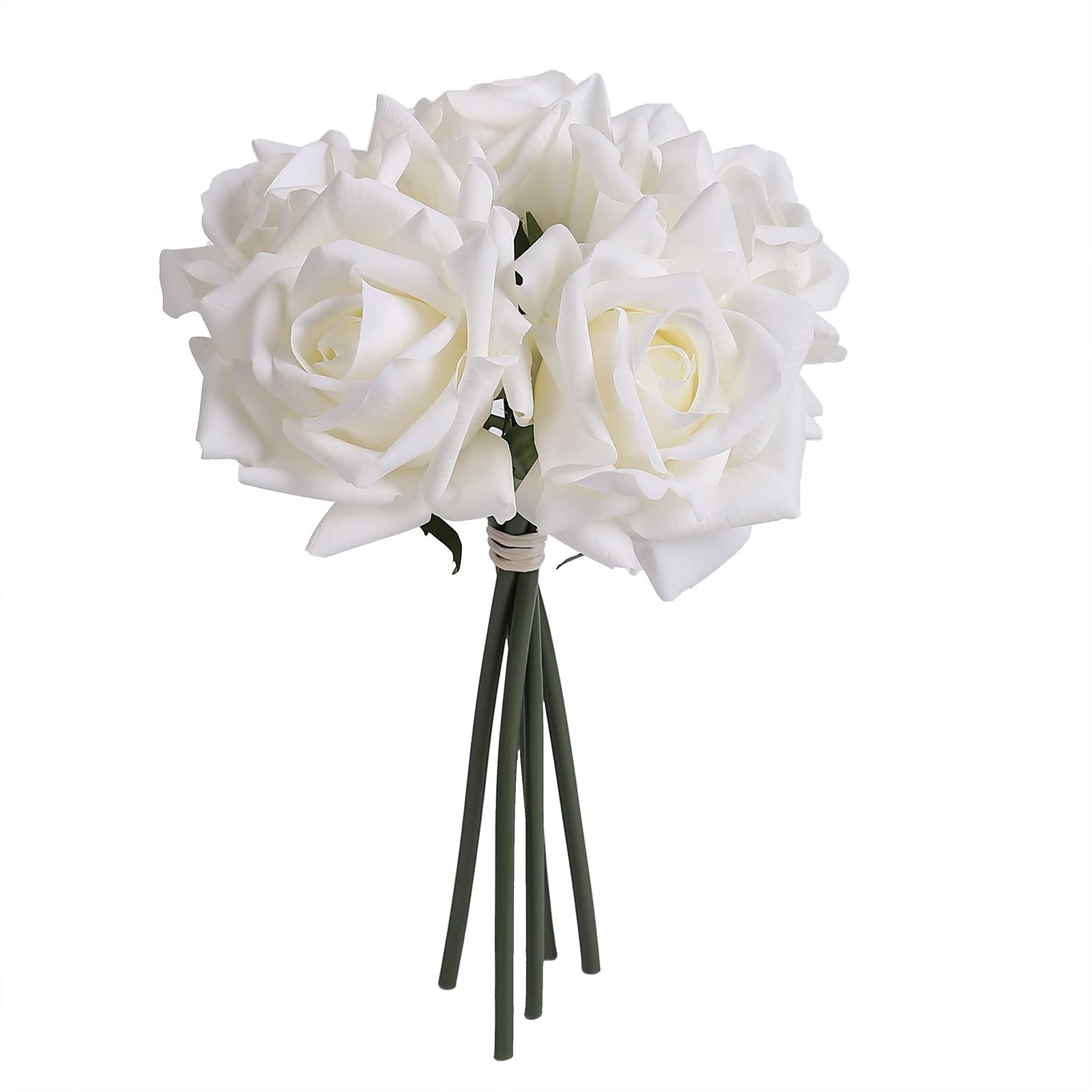 Duovlo Artificial Rose Real Touch Silk Floral Arrangements Faux 5 Head Bouqet Flower Wedding Home Decor Festival Roses Centerpiece (White)