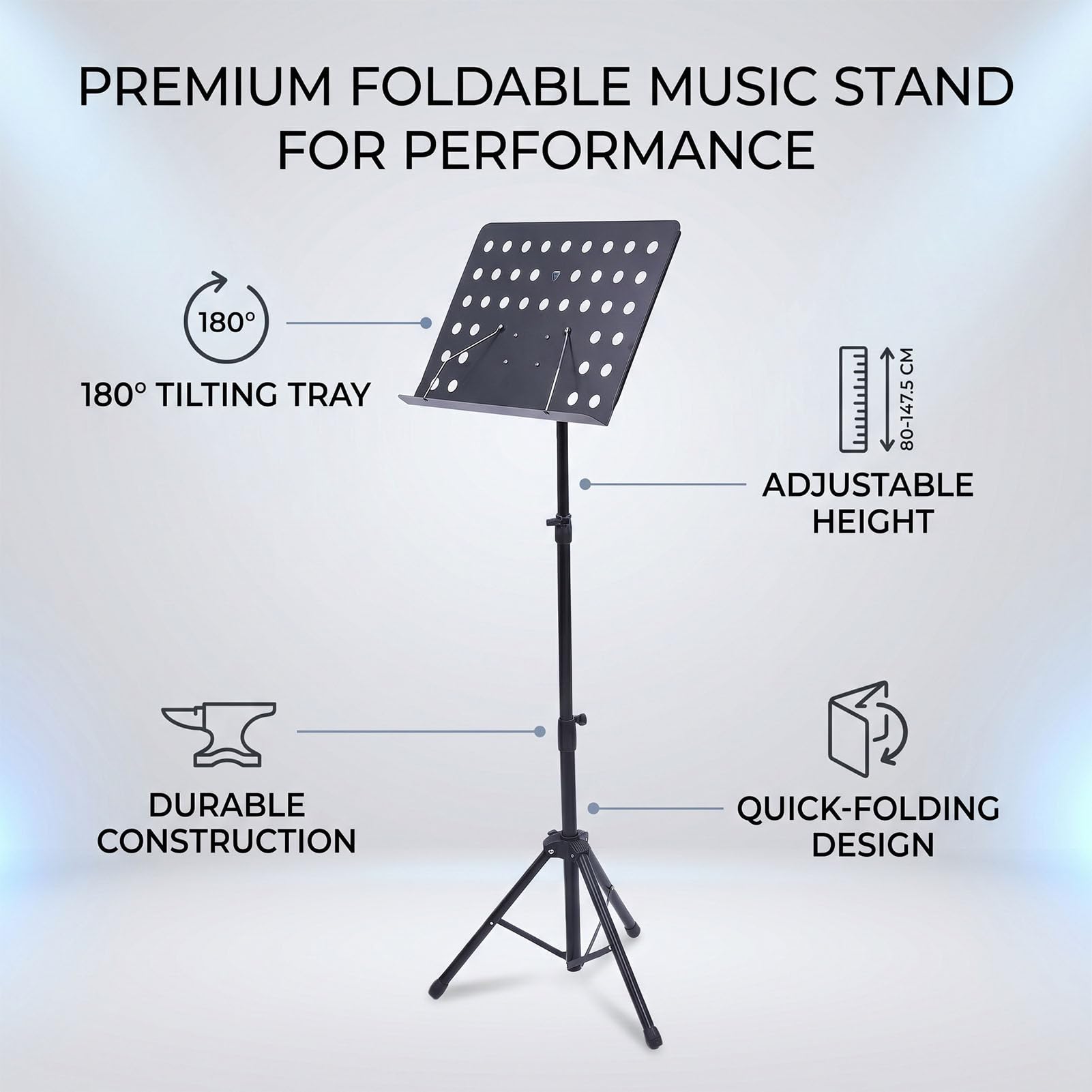 EMUKOEP Atril para Partituras, Soporte para Partituras Plegable Ajustable con de Altura de 31,5 a 58,1 Pulgadas, Bandeja Inclinable de 180 Grados para Práctica de Instrumentos, Orquesta