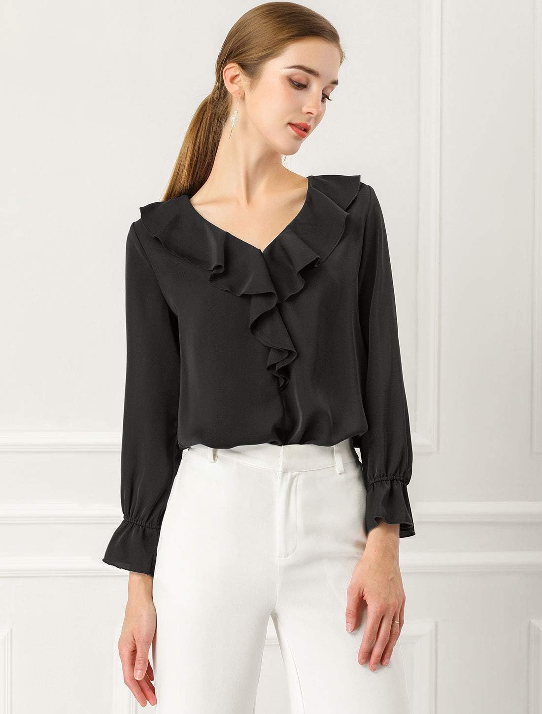 Allegra K Women's Ruffle Blouse for Business Work Elegant V Neck Long Sleeve Casual Dressy Top - Image 3