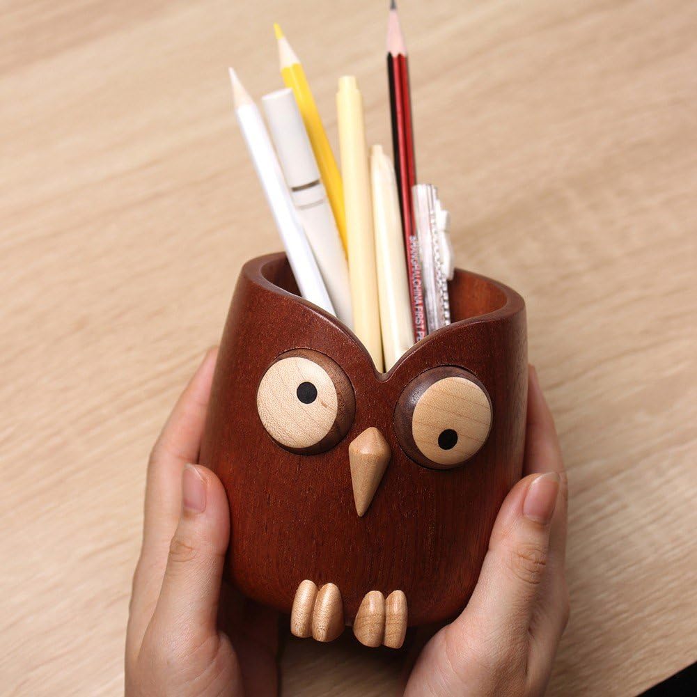 Portalápices De Madera con Forma De Búho, Cubo De Almacenamiento para Brochas De Maquillaje, Escritorio De Oficina, Estuche De Bolígrafo, Decoración De Escritorio
