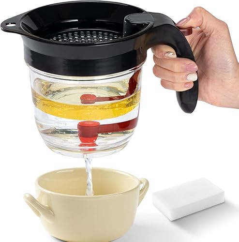 Fat Separator with Bottom Release, 4 Cup Oil Gravy Separator with Scale, 32oz Grease Separator with Measuring Cup and Filter And Multi-Functional