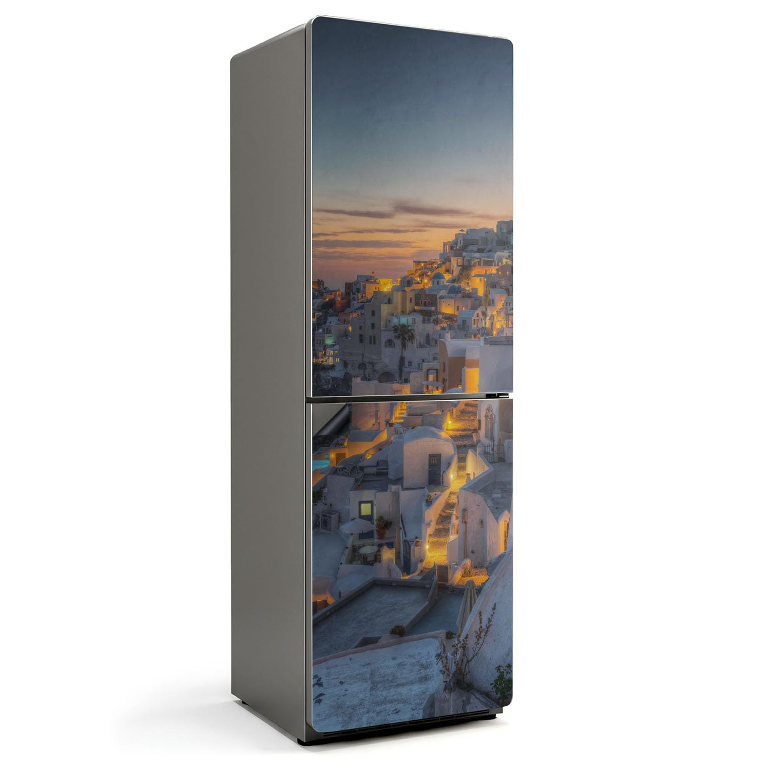 Imán para frigorífico 60x190 cm con vista de Santorini: protege y decora tu cocina con estilo