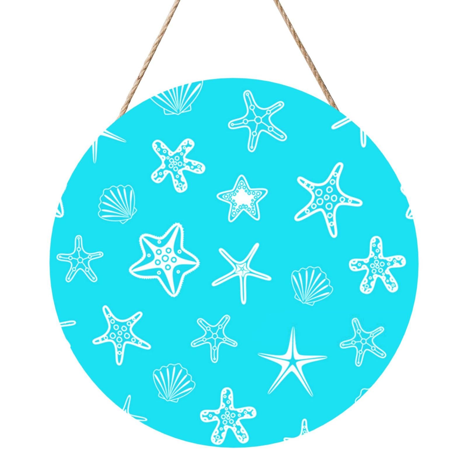 InOmak Seashells Starfishes Blue, Round Wood Panel Painting 12 in, Wall Hanging Painting For Home