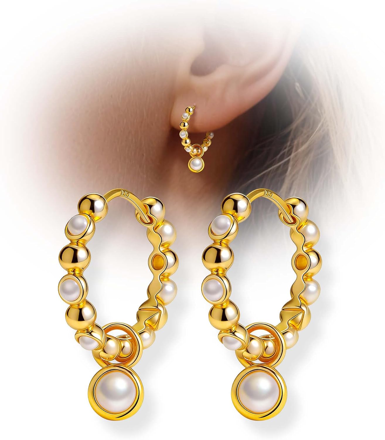 14K Gold Plated Beaded Hoop Earrings with 925 Sterling Silver Post,Hypoallergenic Small Huggie Hoop Earrings with Dangle Charm for Women