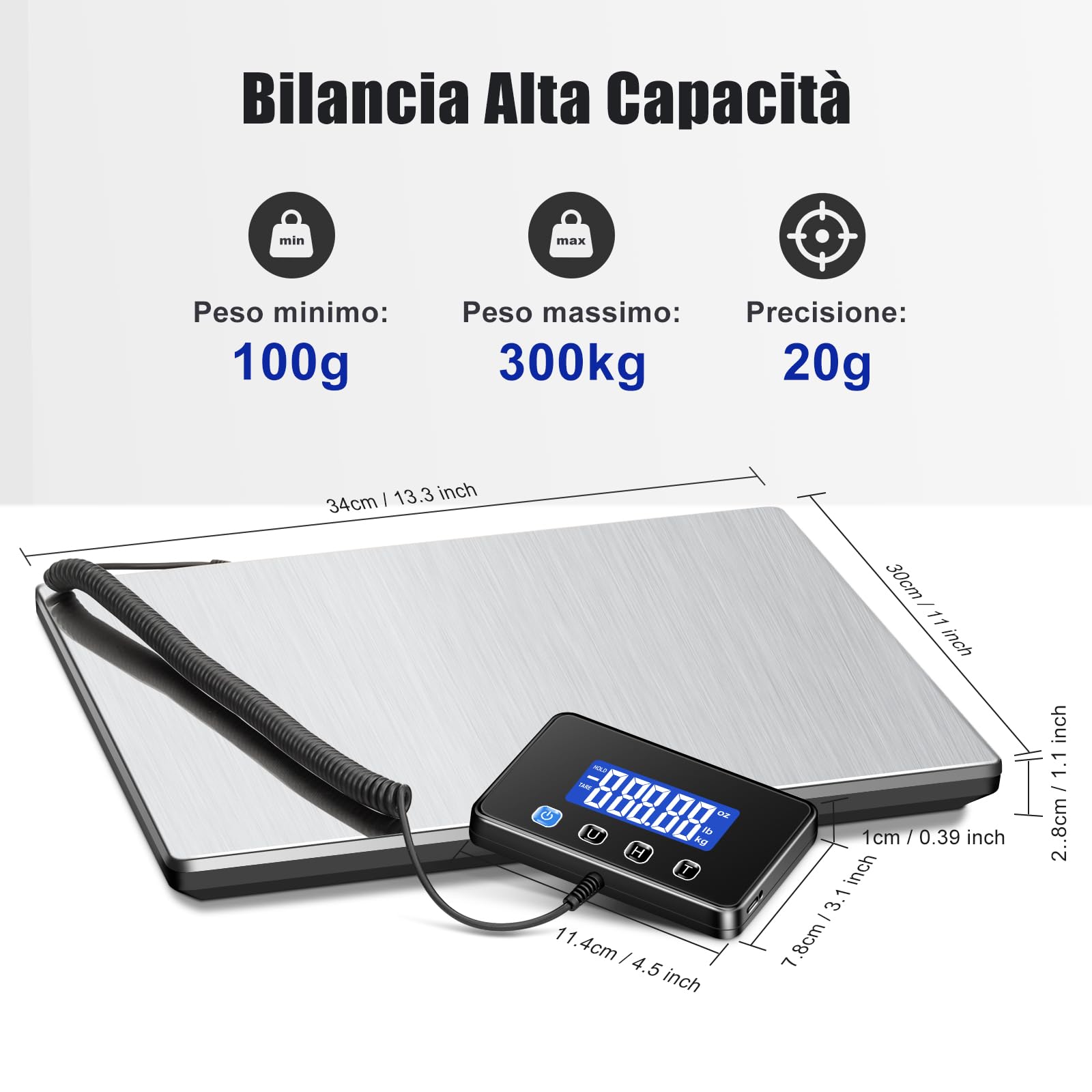 KUAIVO Bilancia Pesa Pacchi 300 kg / 20 g Alta Precisione, Bilancia Professionale con Funzione LCD/Hold/Tara, Bilancia Postale Piattaforma in Acciaio Inossidabile per Pacchi, Magazzino e valigia