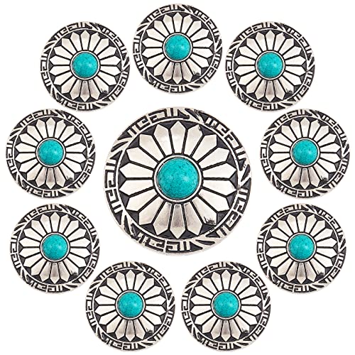 GORGECRAFT 10Pcs 1-Hole Turquoise Buttons Western Conchos Screw Back Round Metal Decorative Conchos Flat Round With Sunflowers Pattern For Diy Luggage And Hardware Accessories