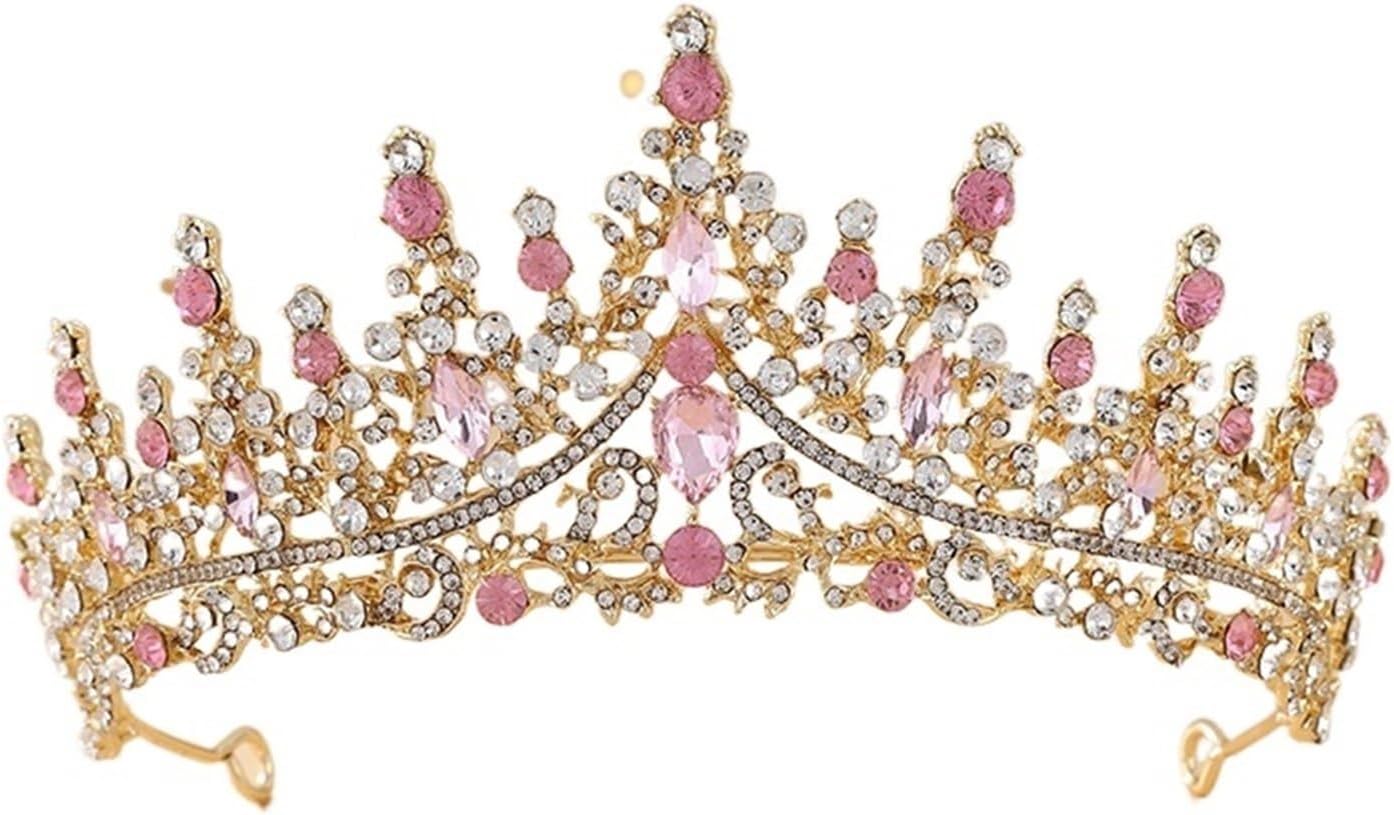 Crown,Crowns,Tiaras, Tiara，Princess Crown，Wedding Tiara PrincessBaroque Crystal Colors Tiaras Bride Headdress Birthday Bridal Crowns Wedding Hair(H050 Gold Pink-1SIZE)
