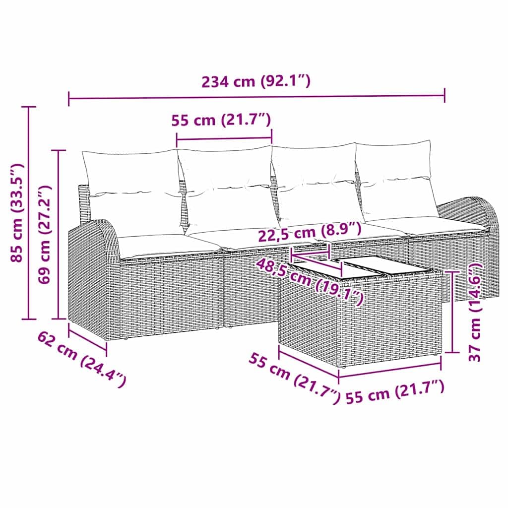Set di 5 divani da giardino in polyrattan nero con tavolo