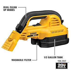 DEWALT 20V MAX Hand Vacuum, Cordless, for Wet or Dry Surfaces, 1/2-Gallon Tank, Washable Filter, Portable, Bare Tool Only (DCV517B)