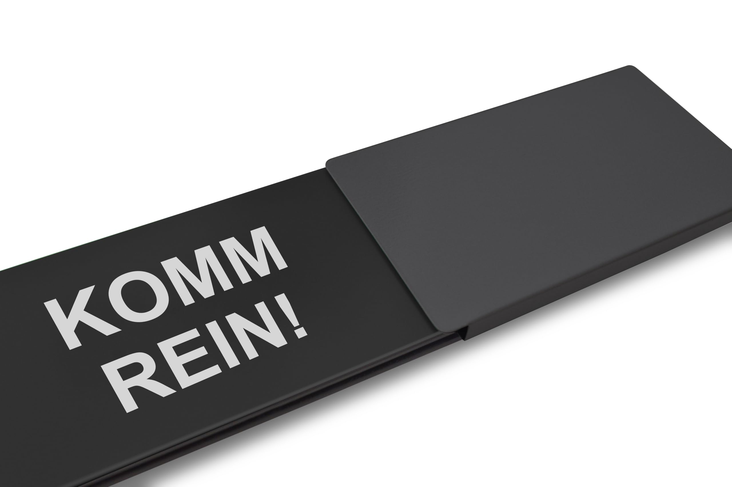 Letrero libre/ocupado estilo: KOMM REIN/POR FAVOR NO ESFUERA (negro) 175 x 50 mm – Diseño fabricado en Alemania – Texto grabado – Cartel sin marco con deslizador de metal – 2 almohadillas adhesivas de