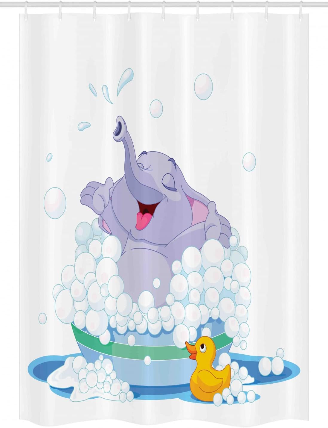 Ambesonne Cartoon Stall Shower Curtain, Elephant Takes Bubble Bath in Basin with Duck Water Games Wild Animals Theme Print, Fabric Bathroom Decor Set with Hooks, 54" W x 78" L, Multicolor