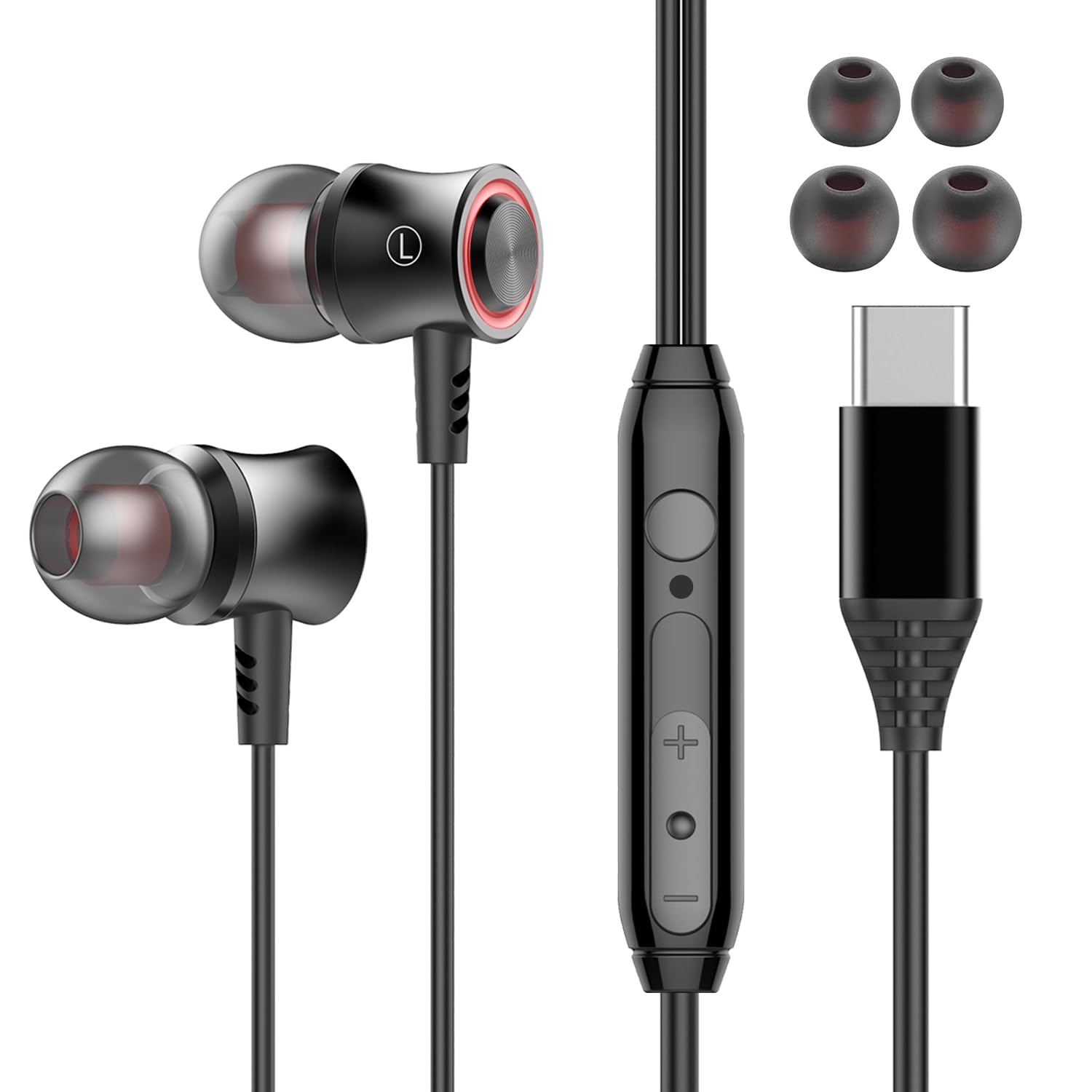 USB タイプc イヤホン 有線 【2025新設計】Type-C イヤホン 有線Type C カナル型 マイク付き 通話可能 HIFI音質 音量調節 騒音低減 ステレオイヤフォン ヘッドホン インターフェース使用 iPhone 16,iPhone15/iPad/AQUOS/Xperia/Galaxy/arrows/OPPO/Google 対応（レッド）
