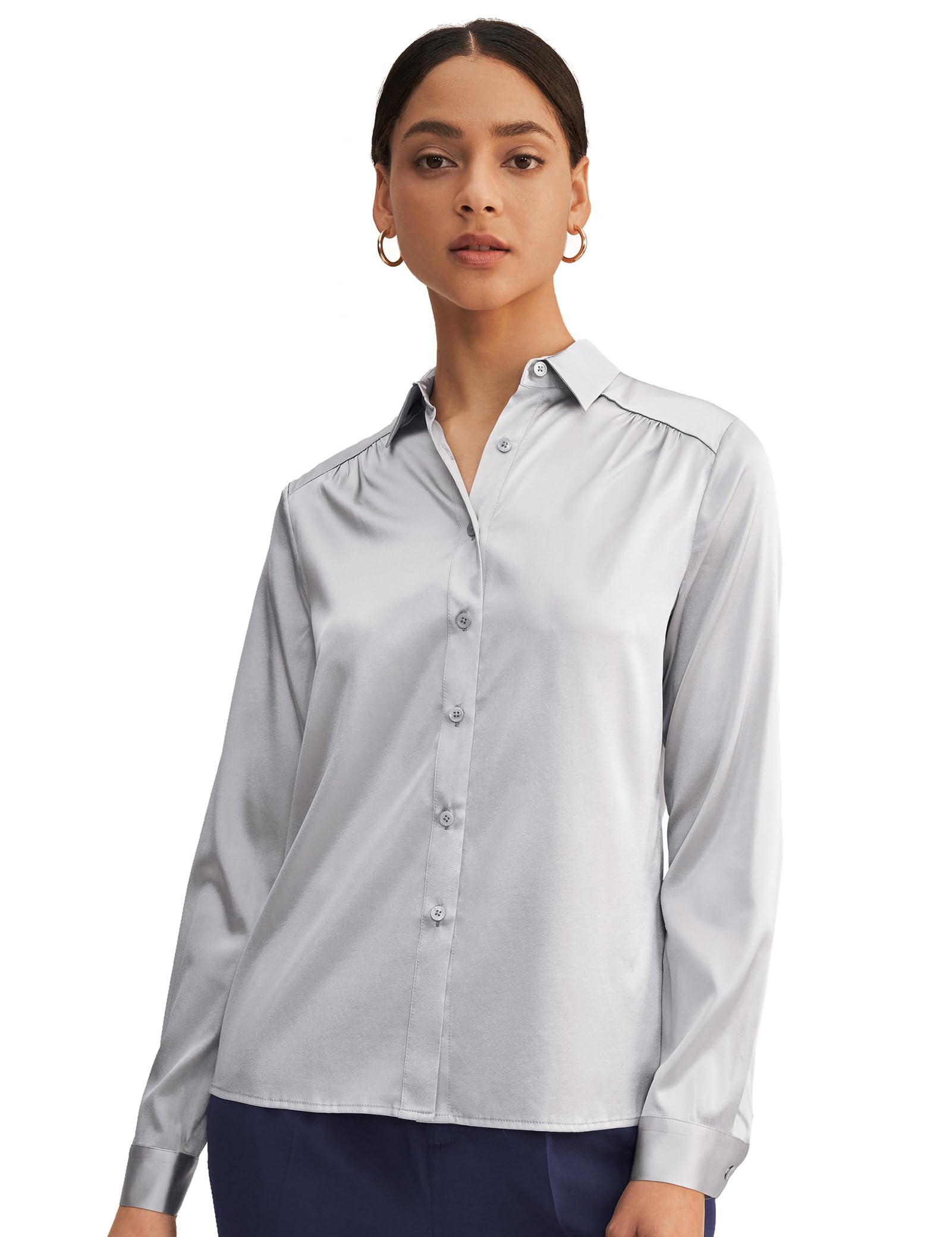 LilySilk Frauen Seide Hemdbluse Damenhemd Shirt Langarm Kragen Klassische Bluse mit V-Ausschnitt für Arbeit oder Freizeit
