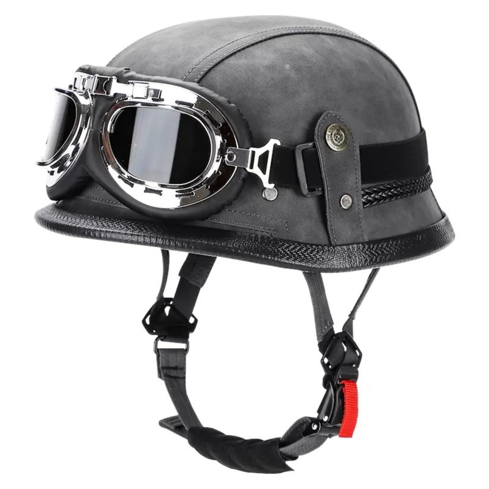 Casco Da Moto In Stile Tedesco, Omologato ECE/DOT, Casco A Mezzo Casco Vintage In Pelle Per Adulti (Uomo E Donna), Casco Da Ciclomotore Cruiser Con Occhiali.