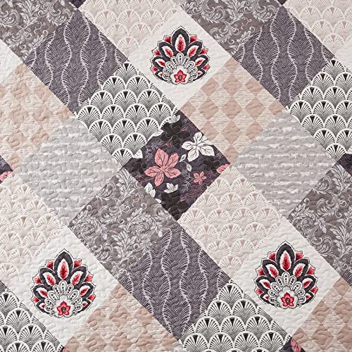 King Size Quilt Set 3 Pieces Lightweight Reversible Bedspread-98''x106'' Soft Patchwork Floral Coverlet Luxurious Warm Microfiber Bed Cover All Seasons Gray Bedding Set(1 Quilt,2 Pillow Shams)