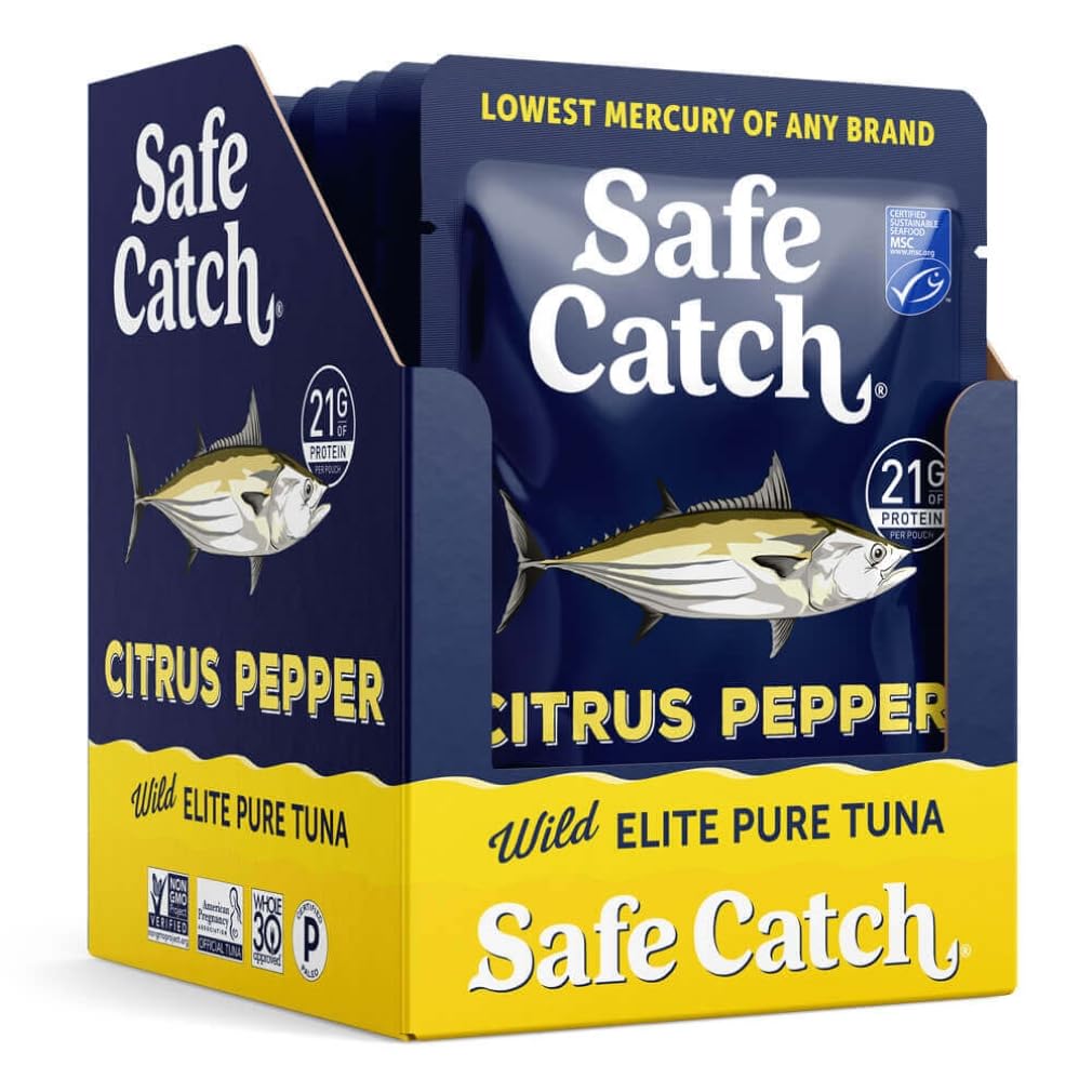 Safe Catch Elite Lowest Mercury Wild-Caught Tuna Pouch Citrus Pepper Seasoned Fish, Gluten-Free, Paleo, Keto, Non-GMO, High Protein Food, 2.6oz Packets, Pack of 12