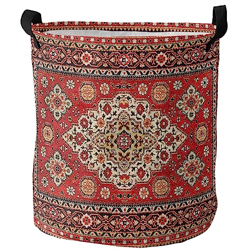 Abstract Retro Boho Laundry Basket,Collapsible Bag with Easy Carry Handles,Large Waterproof Foldable Freestanding Hamper,Red Folding Washing Bin Clothes Storage Round Modern Colorful
