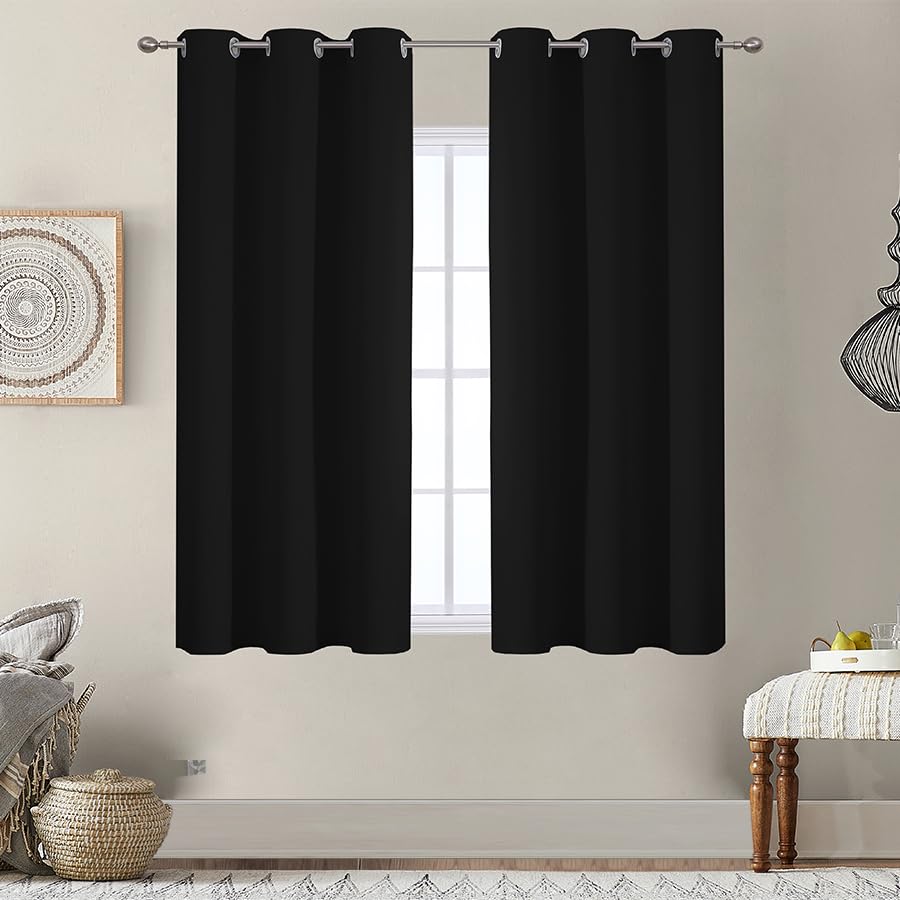 VEHEDE Curtains for Living Room, Small Wide Blackout Curtains Thermal Insulated Eyelet 54 Inch Drop Window Treatment Soft Kitchen Drapes, W38 x L54, Black, 2 Panels โ image 1