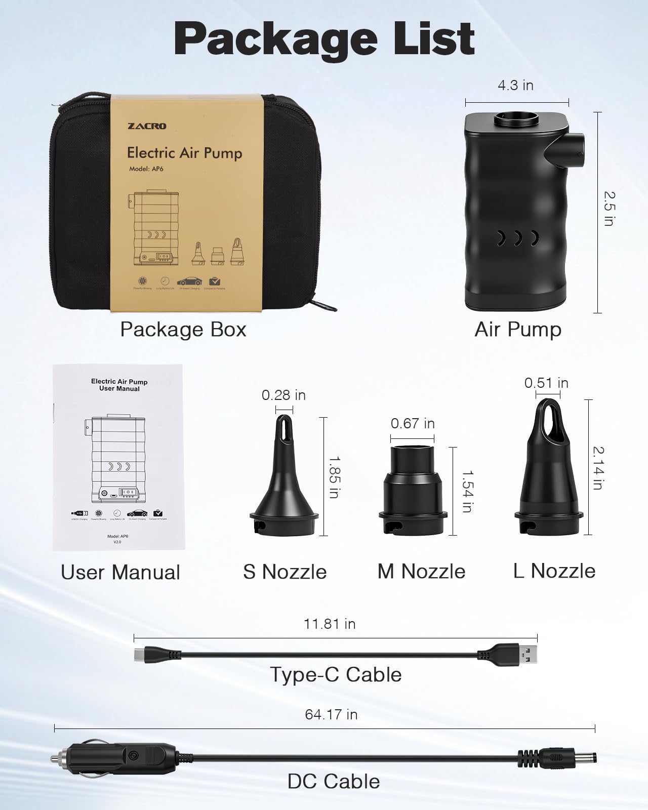Zacro Pompe à air électrique avec charge USB et CC - Batterie intégrée de 6000 mAh avec 3 buses pour matelas gonflable, coussin, lit, bateau et bouée