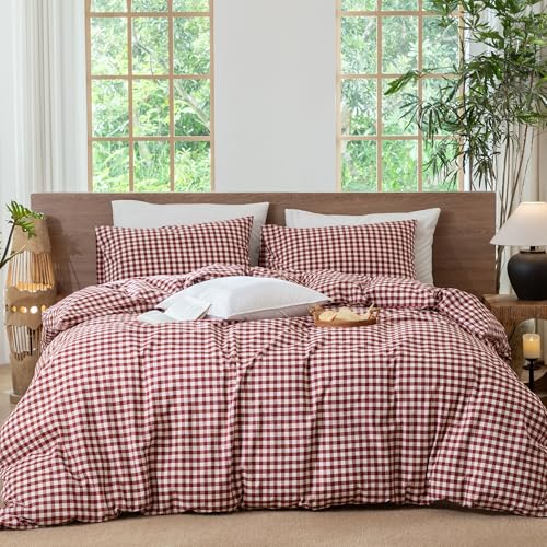 Image of MooMee Gingham Duvet Cover Set 100% Washed Cotton Linen Like Queen | Relaxed Linen-like Texture. Soft, Breathable & Long-lasting Comfort. Lightweight. Hidden Zipper with 8 Interior Corner Ties
