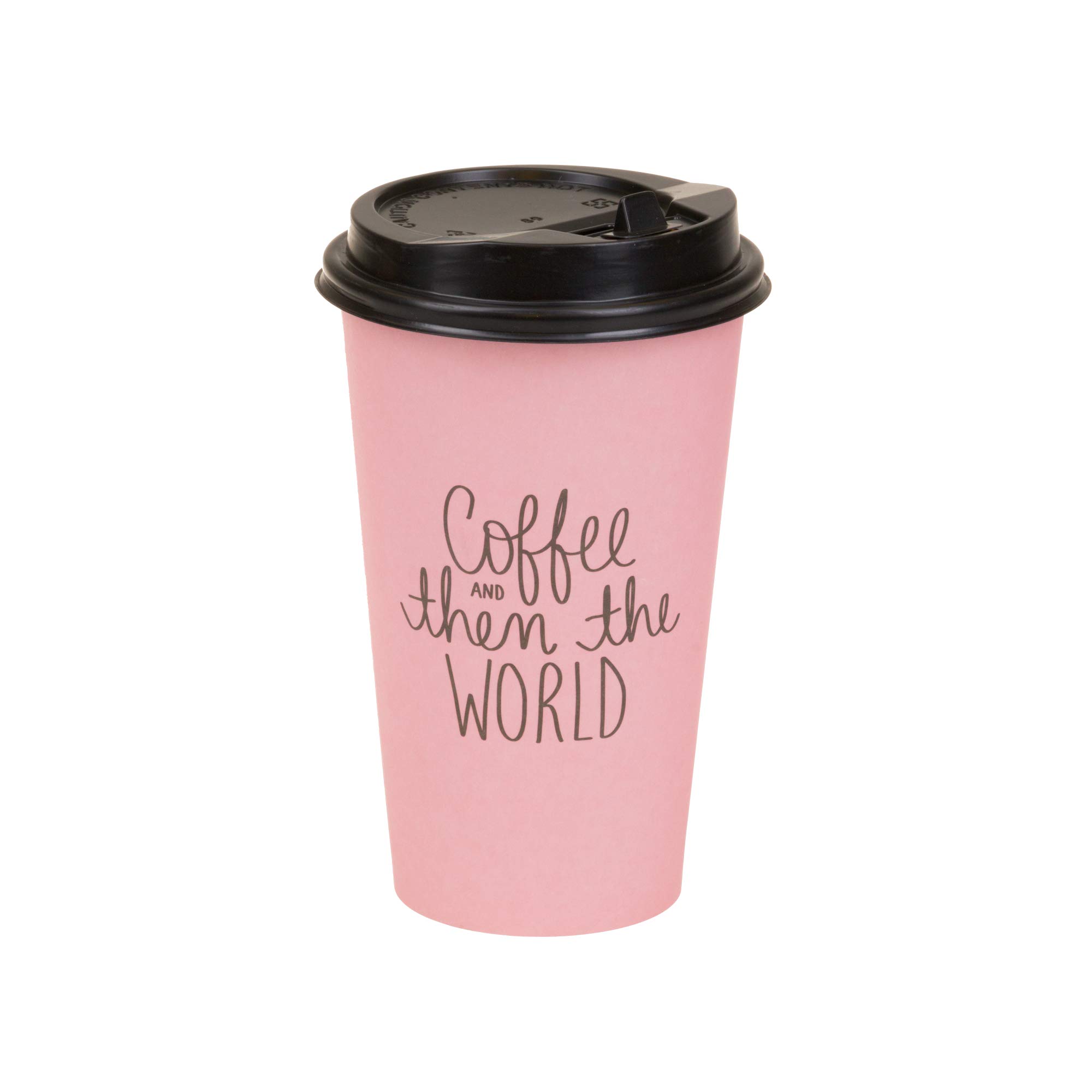 Eccolo 16 oz Disposable Cups (12 Pack), Paper To Go Cups for Hot/Cold Beverages, “Coffee Then The World”, 16 oz Coffee Cups with Lids and Sleeves, for Home-use, Office, Restaurant and Events (Pink)