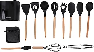Conjunto de 13 peças de utensílios de acampamento ao ar livre, conjunto de panelas de silicone antiaderente com cabo de madeira resistente ao calor, utensílios de piquenique seguros e inodoros com caixa de armazenamento para caminhadas, acampamento e cozinha