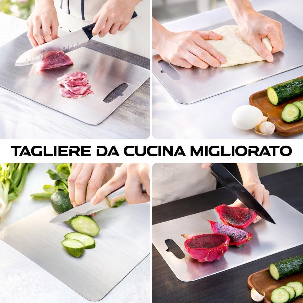EQTECH Set 3 Taglieri in Acciaio Inox 316 e Titanio per Cucina – 34x23 cm, 29x20 cm e 24x15 cm – Spessore 1 mm – Superficie Non Porosa, Facili da Pulire – Ideali per Carne, Pesce, Frutta e Verdura.