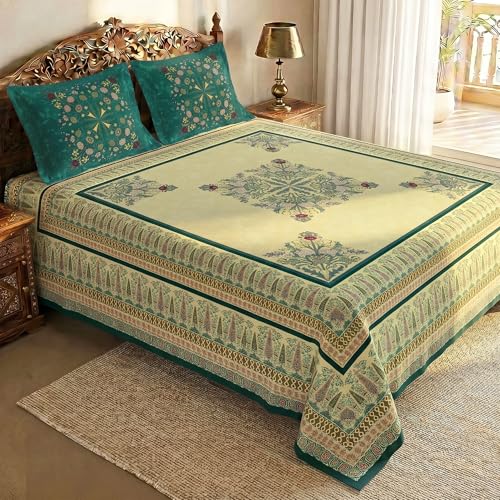 Image of Story@Home Rajasthani Theme Jaipuri Handblock Inspired Ethnic Print Double Bedsheet 250x225 cm with Pillow Covers | Cotton Feel 240 TC Soft Fabric | Yellow Green Design