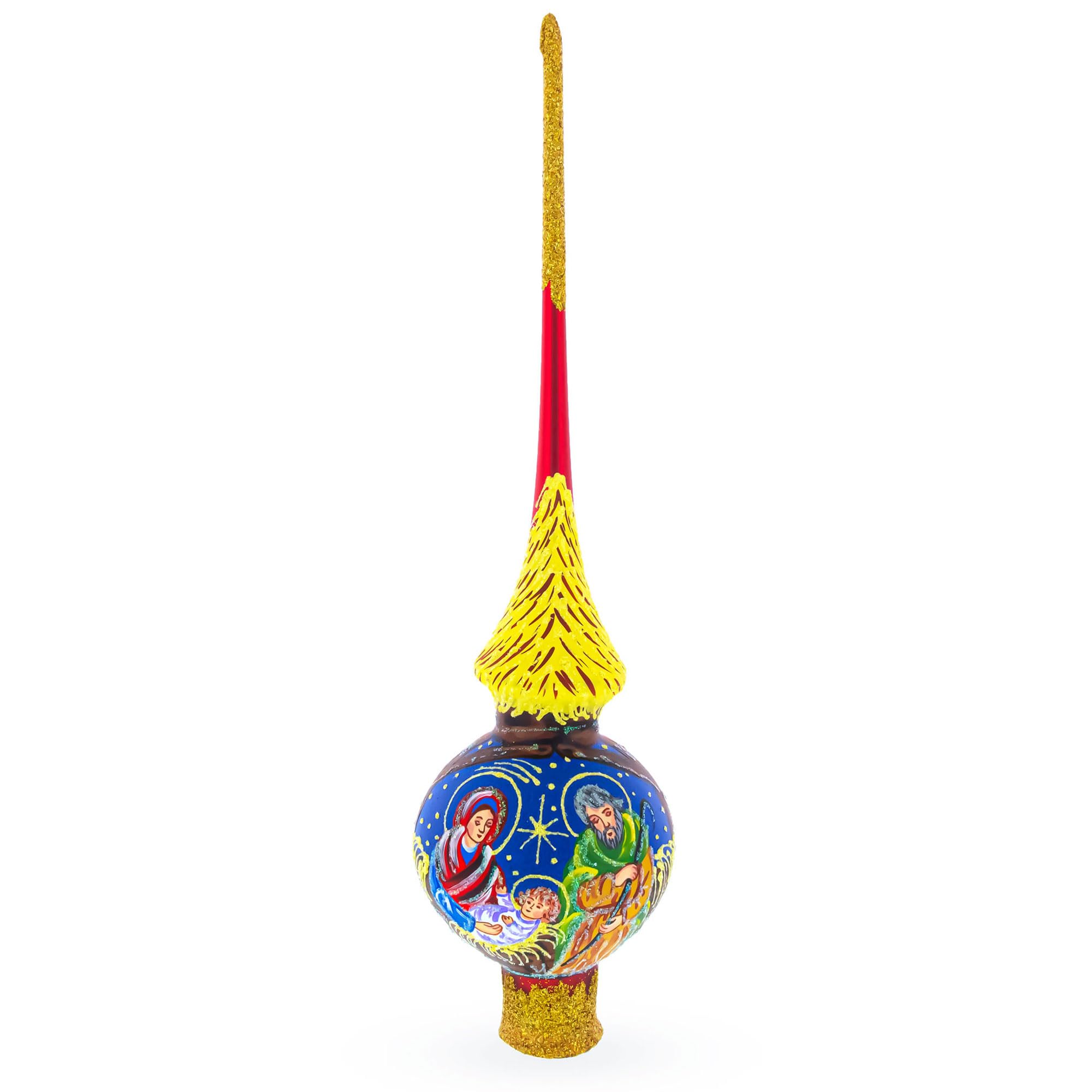 Holy Family on Red Mouth Blown Glass Christmas Tree Topper 11 Inches