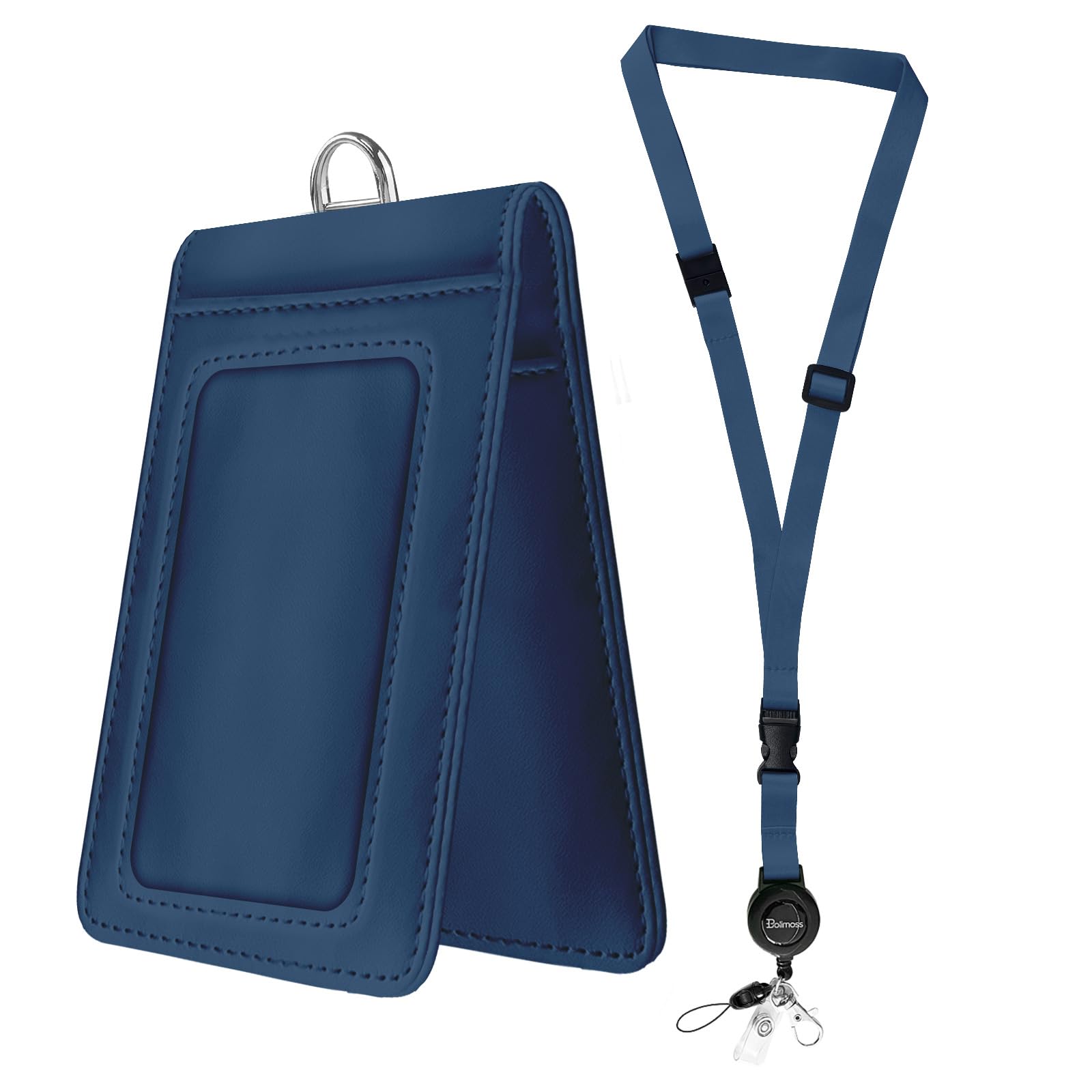 Bolimoss Leather Badges Holder with Double Sided Windows, ID Name Badge Card Holder with Quick-Release Buckles & Adjustable Retractable Lanyards, Breakaway Lanyards for Work Teacher Nurse, Navy Blue