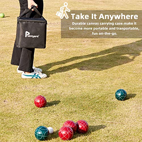 Pointyard 107mm Bocce Ball Set, Official Bocci Ball Set with 8 Resin Bocce Balls,1 Pallino,Nylon Carrying Bag,Measuring Tape - Tournament Adult Bocce Game for Outdoor/Yard/Lawn/Beach (Red and Green)