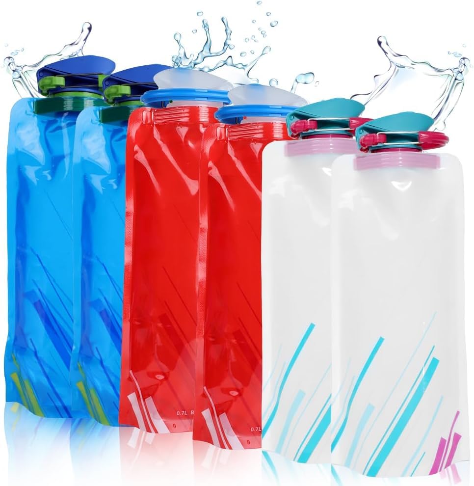 6Pcs x 700 ML Botellas de Agua Plegables, Reutilizable Soft Flask, Bolsa de Hidratación Portátil para Exteriores con 6 Hebillas de Montañismo, para Senderismo, Aventuras, Viajes(Azul/Blanco/Rojo)