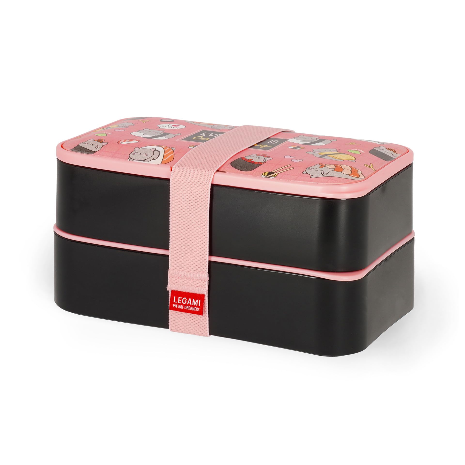 Legami Lunch Box, 3 Pieces of Cutlery Included, Sushi Cat Container, Capacity 1200ml, Leakproof, Microwave and Dishwasher Safe