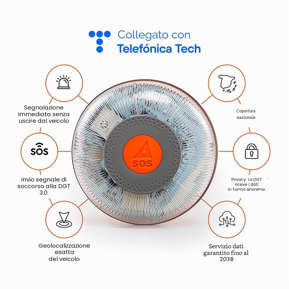FLASH LED SOS - Luce di Emergenza V16 collegata, Omologata DGT 3.0 obbligatoria, SIM e Servizio Dati Inclusi Fino al 2038, Base Magnetica, Resistenza all'Acqua e alla Polvere IP54 + Set Mini Primo