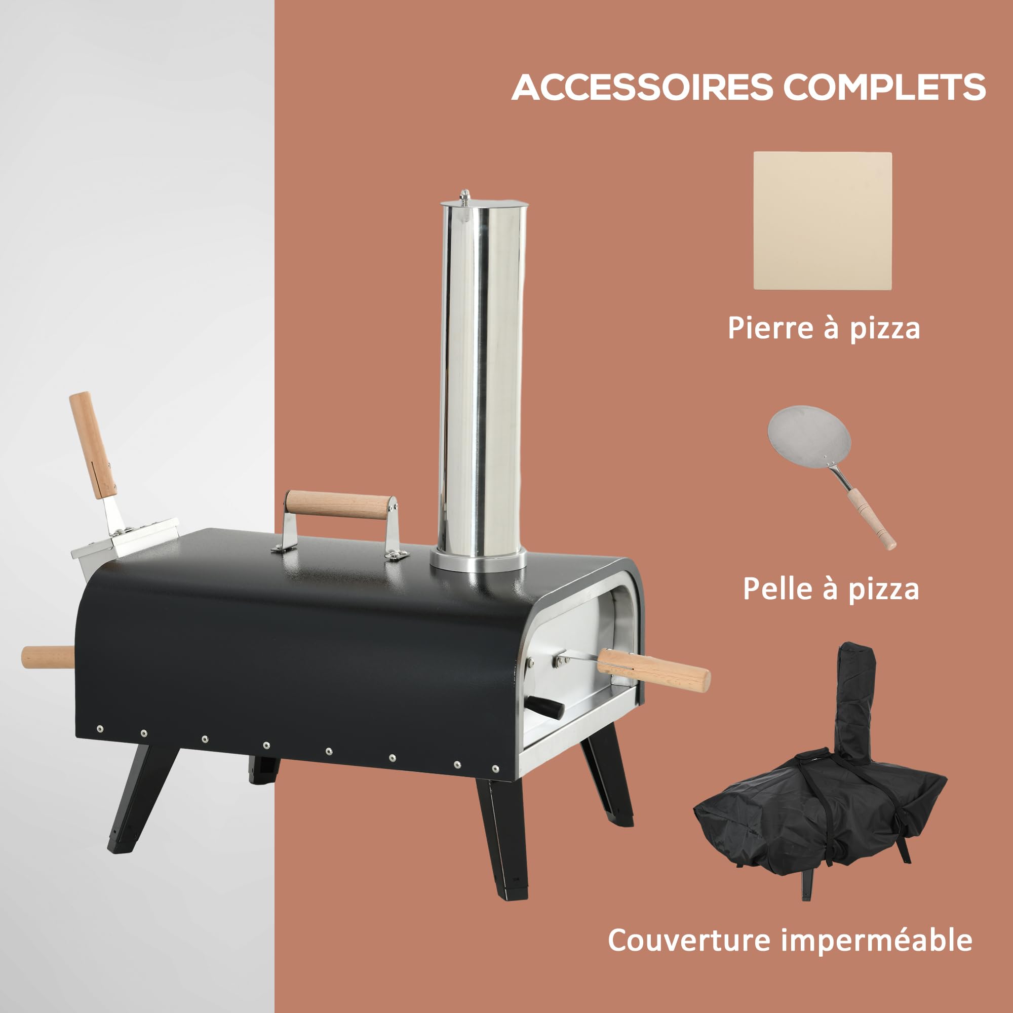 Outsunny Four à pizza extérieur au feu de bois avec pelle, pierre 30 cm, couvercle étanche - transportable, pieds pliables, cheminée amovible