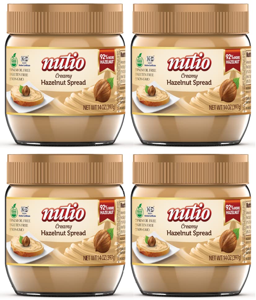 Nutio Creamy Hazelnut Spread, More Hazelnut, Less Added Sugar, Palm Oil and Gluten Free, Non GMO, Cocoa and Peanut Free - 56 oz (4 Pack) Glass Jar