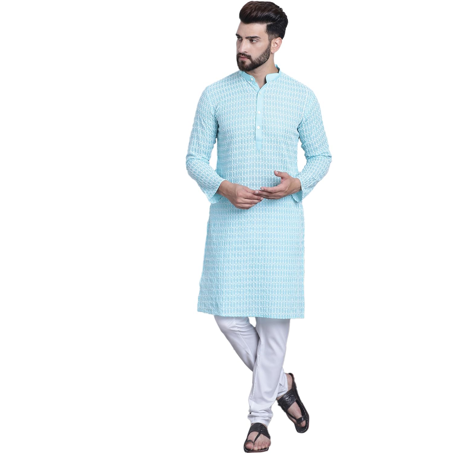 Sojanya (Since 1958 Men's Pure Cotton Blue Kurta With White Embroidery And White Pyjama Set