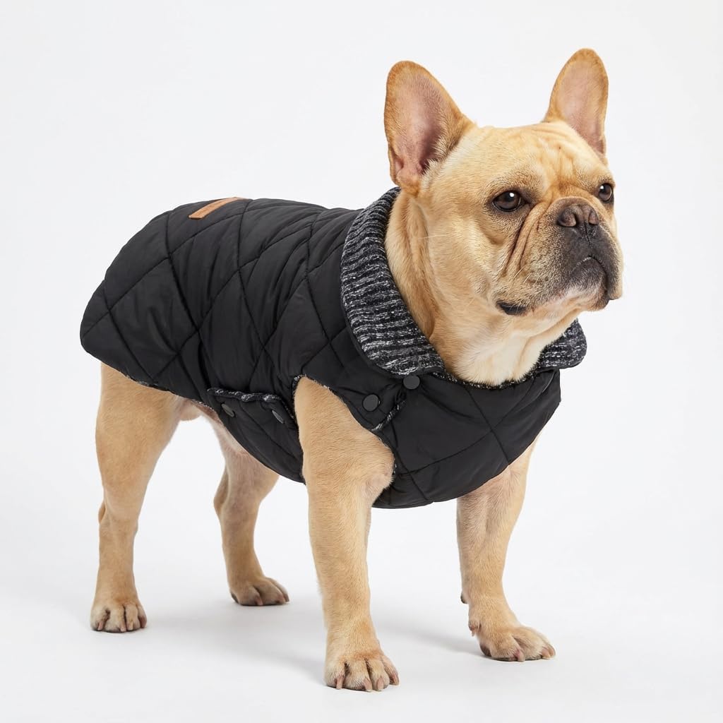 Fitwarm Reversible Quilted Dog Coat, Knitted Winter Clothes for Small Dogs Boy Girl, Windproof Thermal Pet Jacket, Black, Grey, Large