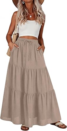 Addtoo Womens Maxi Skirt Pleated Tiered A-Line Elastic Waist Midi Skirt