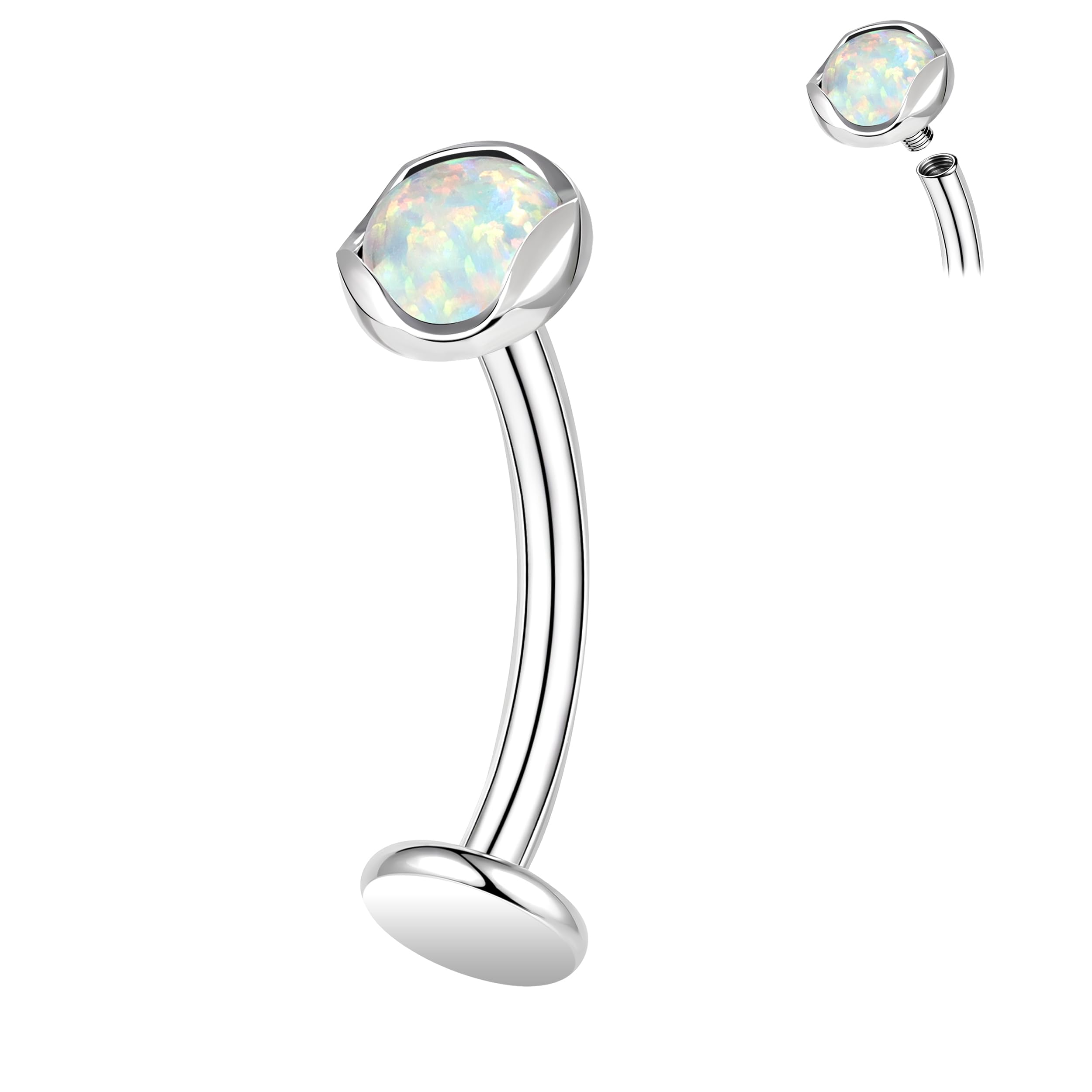 ZS ASTM F136 - Piercing para ombligo de titanio con piedras de ópalo de 14 g, 6/8/10/12/14 mm, rosca interna, barra larga para ombligo, piercing de ombligo con parte trasera plana