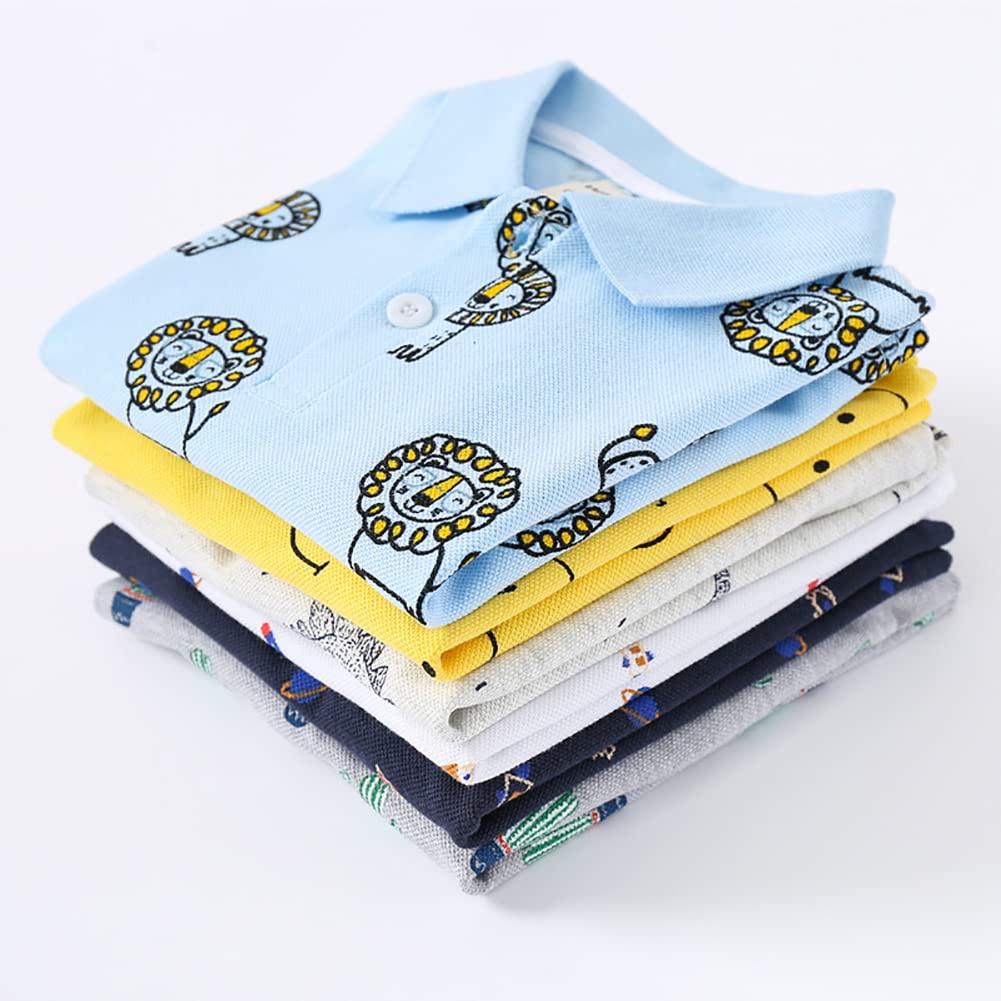 Camisetas de Polo para niños de 2 a 6 años con Dibujos Animados de Dinosaurios de 3 Paquetes de Camisetas de Manga Corta, Azul+Blanco+Raya