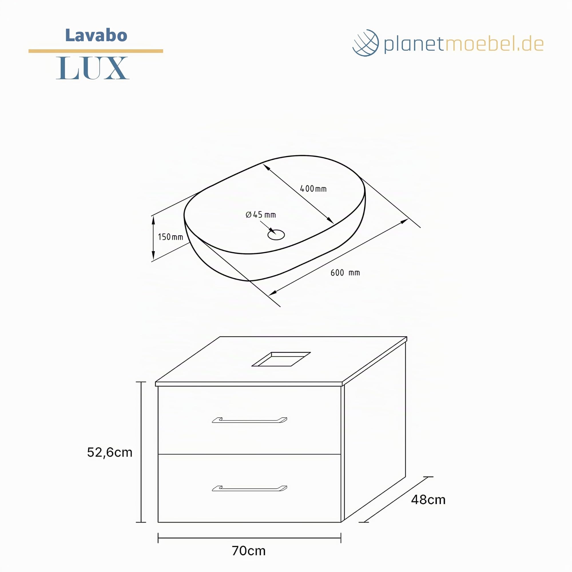 Planetmöbel LUX Juego de muebles de baño con lavabo y mueble bajo suspendido de 70 cm, incluye lavabo sobre encimera de 60 cm, color negro, mueble bajo en roble dorado/antracita