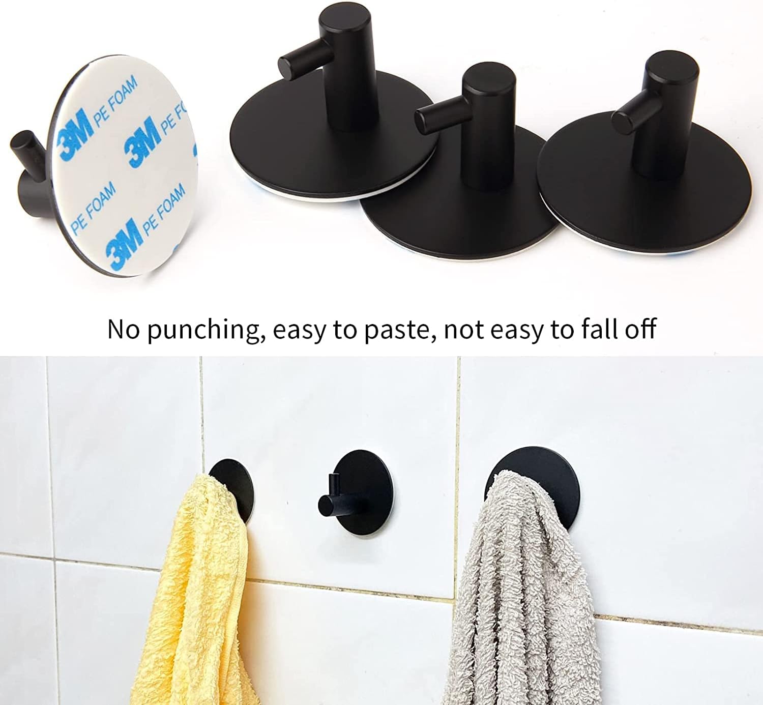 KINMINGZHU 2pcs Black Self Adhesive Hooks, Self Adhesive Wall Mounted Hanger,No Drill No Screw for Key Coat Towel for Kitchen Bathroom Toilet