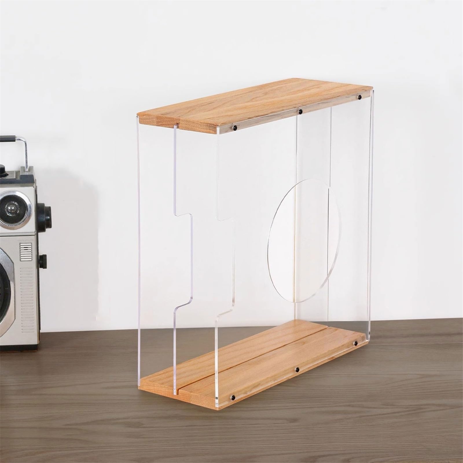 Scaffale per dischi in vinile, custodia per CD in legno con divisori in acrilico trasparente, supporto per dischi per l'organizzazione domestica, adatta per dischi in vinile standard